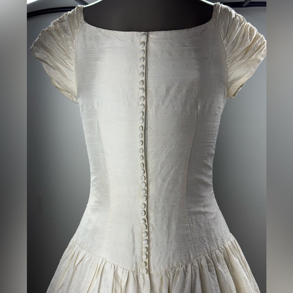 VTG CHRISTIAN DIOR Silk Wedding Dress W/ Gathered Sleeves + Button Back 26”W - Picture 3 of 11